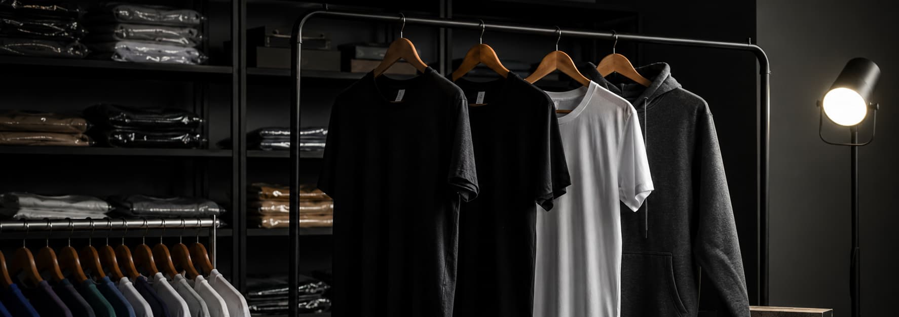 Black and white KASTMS blank T-shirts and a grey hoodie on wooden hangers in the KASTM workshop